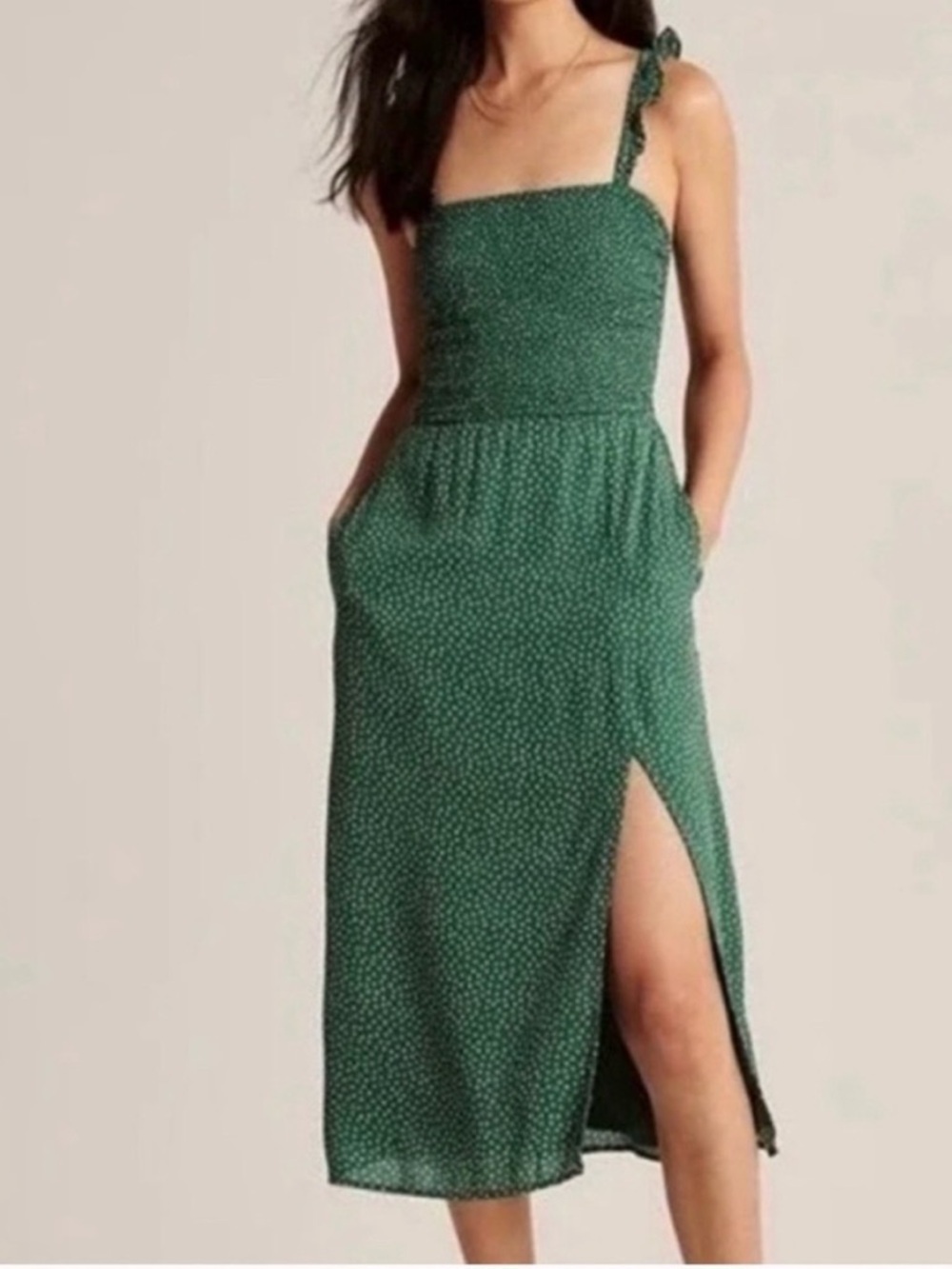 Abercrombie & Fitch Green Polka Dot Smocked Midi Dress, Ruffle Straps, Side Slit